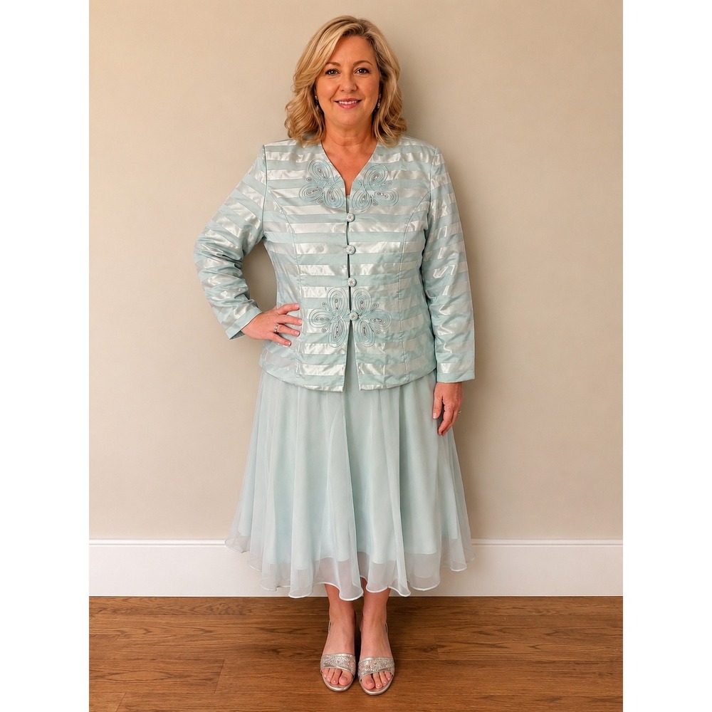 Karen Miller New York Blue Silver Striped Skirt Suit Set Soutache Beaded Size 12
